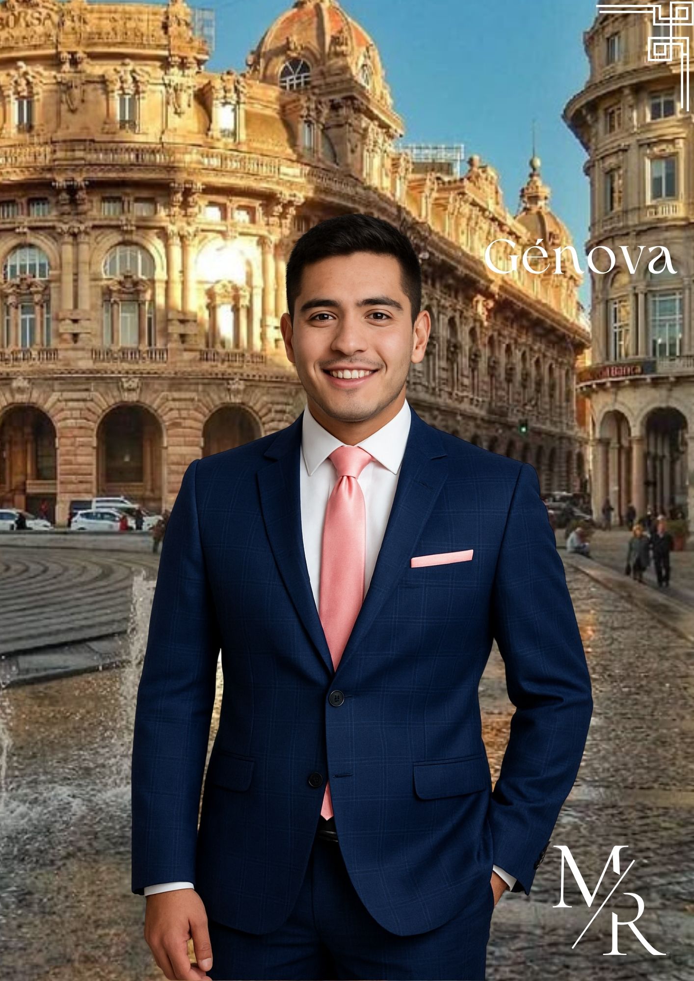 traje azul marino con diseño de cuadros