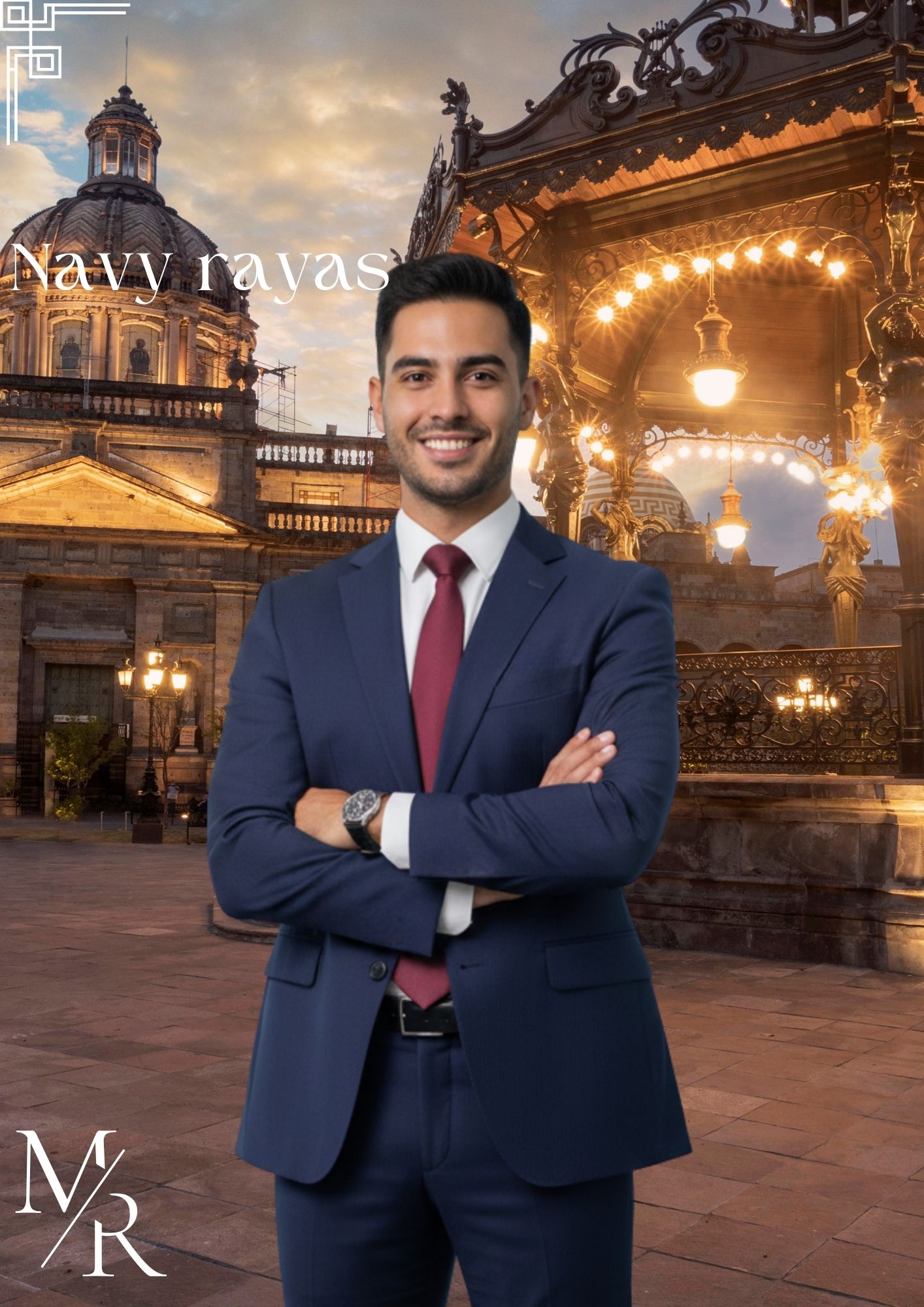 traje azul con rayas